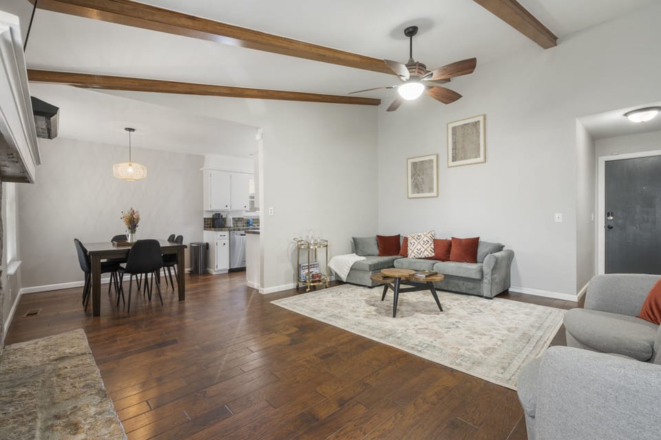 Living-room connects to dining room and kitchen.