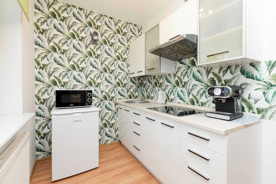 Fully equipped kitchenette with a kettle, electric cooker, fridge freezer, microwave oven and coffee machine.