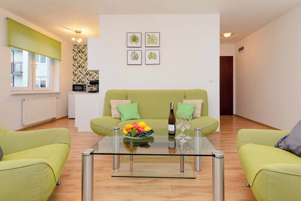 Living room with a fold-out sofa bed, armchairs and TV.
