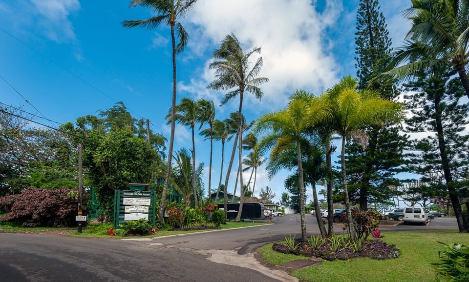The entrance to Hanalei Colony Resort, filled with lush and beautiful tropical plants. A taste of what awaits you inside!