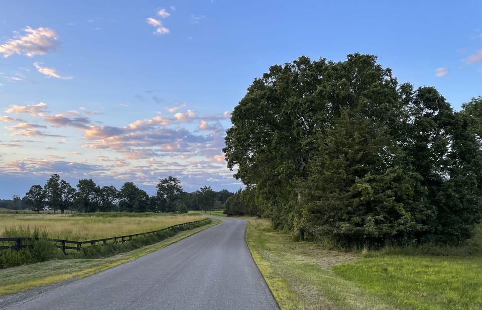 The road has little traffic and is lovely for biking or walking, dotted w farms