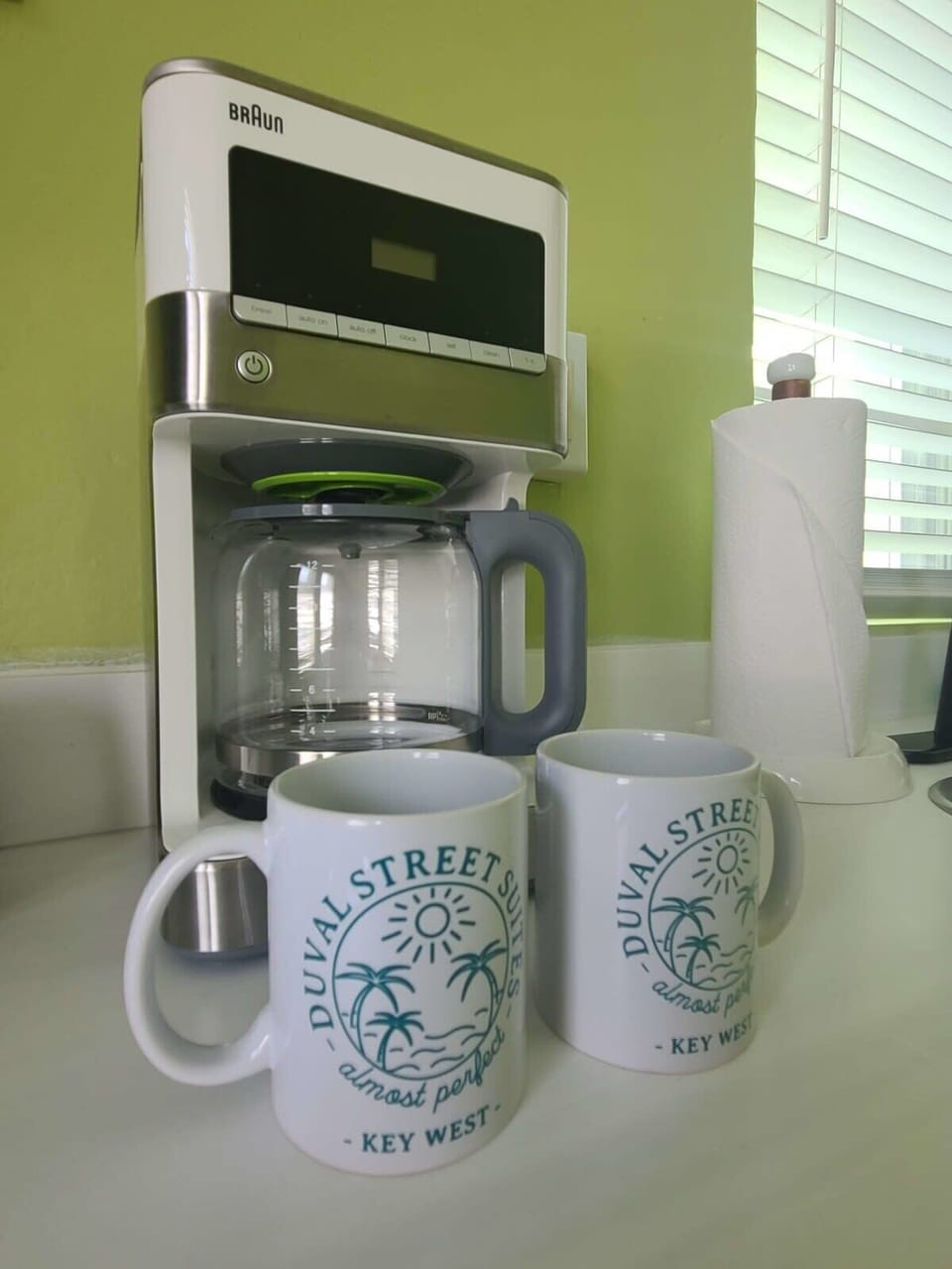 Coffee Maker, coffee, filters, cooking oil spray, and paper towels
