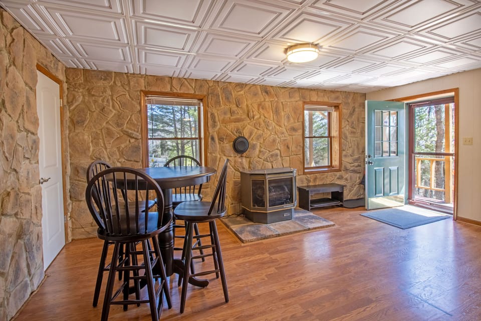 Seating area and gas stove located on lower level