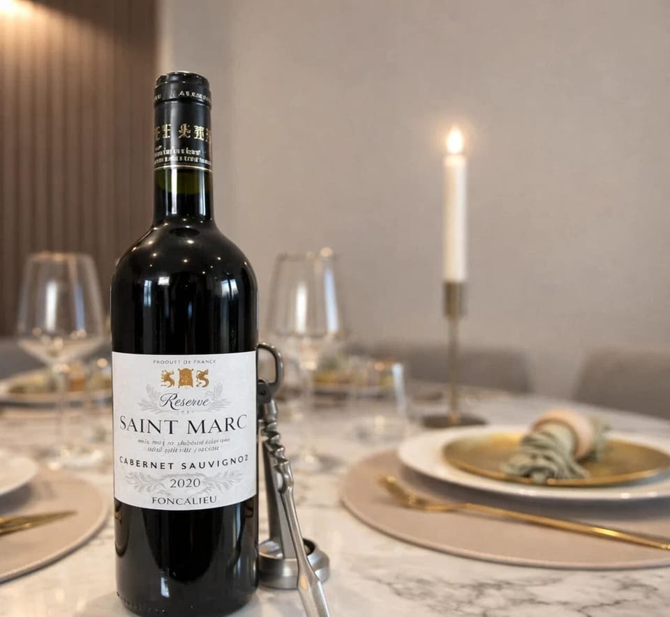 Elegant dining setup in the living room, wine bottle included

