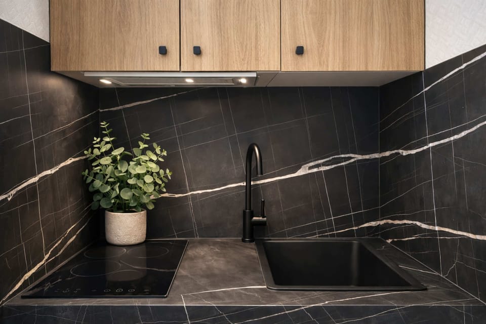 Coffee machine and other amenities available in the kitchen
