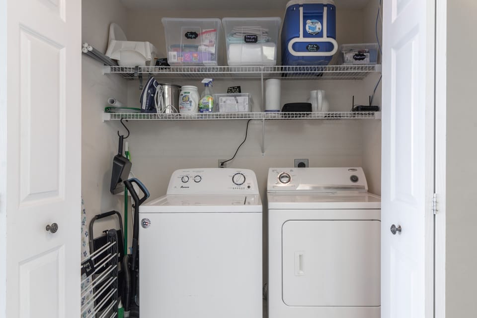 Full-size washer and dryer, cooler, towel drying rack, kids toys