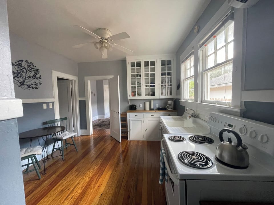 Dishes, silverware, pots, pans, coffee pot, tea kettle, etc. included 