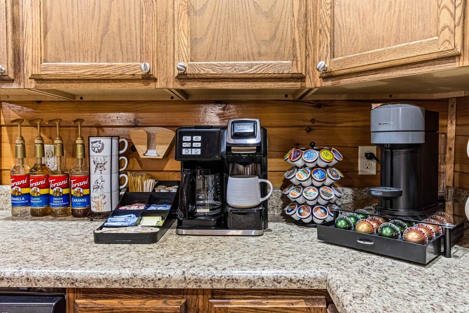 Rustic coffee station. Enjoy your morning brew in this cozy and well-equipped coffee bar.