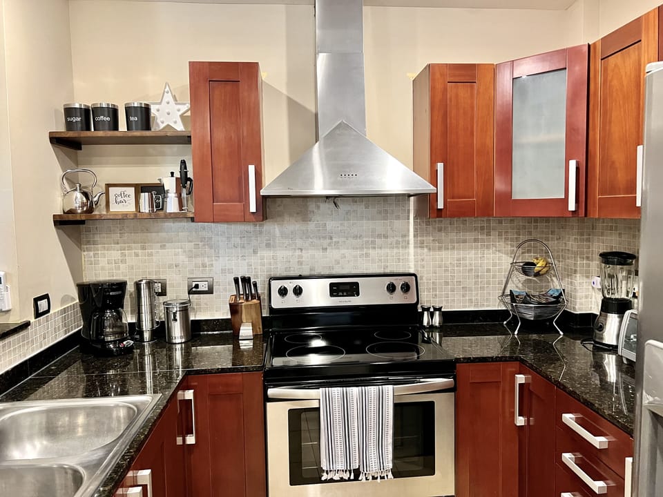 Fully equipped kitchen with dishwasher, fridge, microwave, blender, toaster oven