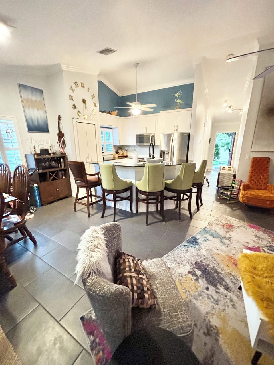 Great Room, Kit island,Dining, Living,Sectional all just French Doors from pool