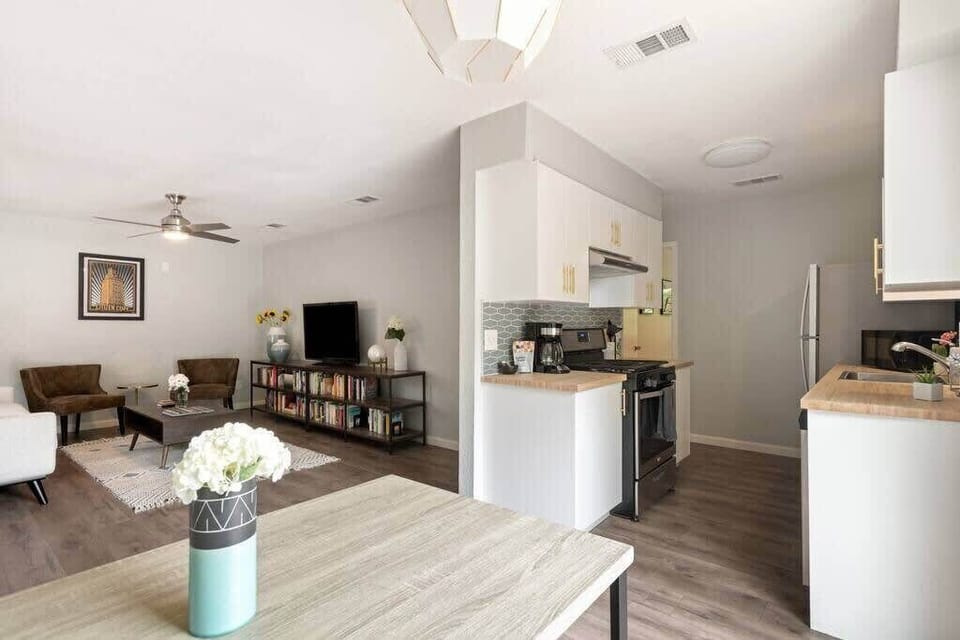 Open style kitchen, living and dining area