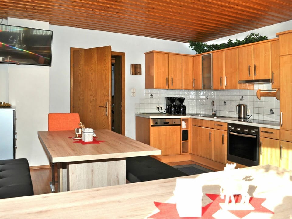 Cabinetry, Countertop, Furniture, Property, Wood, Table, Chair, Kitchen, Orange, Interior Design