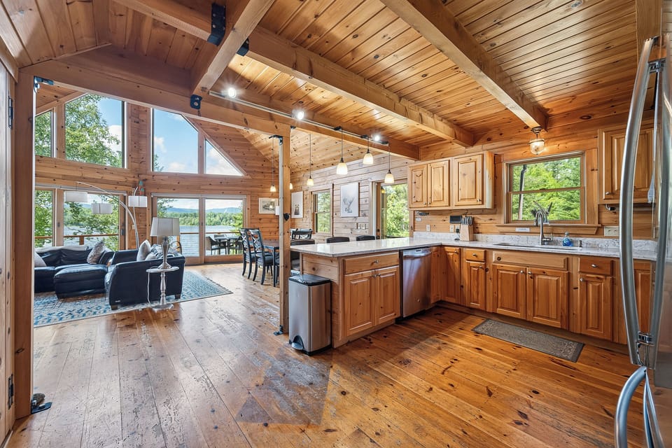 Kitchen, living, and dining areas