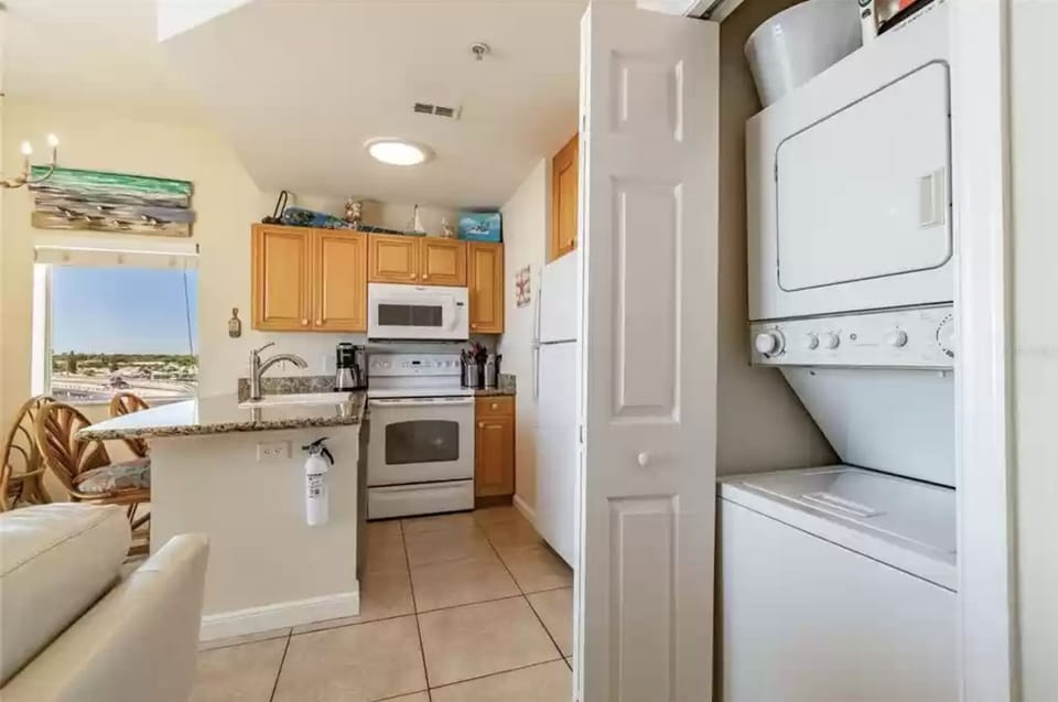 Unit has a washer dryer for your laundry needs during the stay,