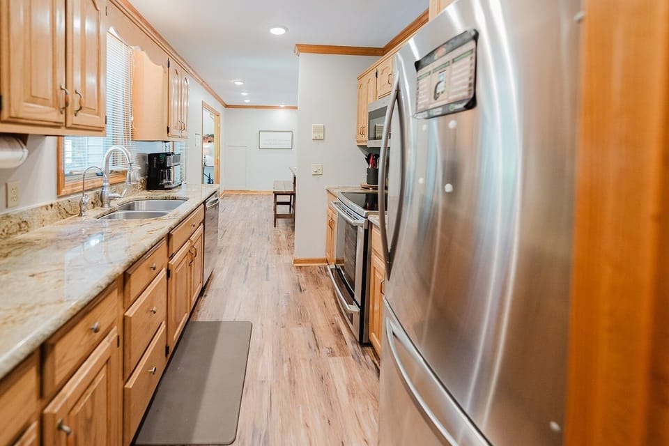 Indoors, Hardwood, Kitchen, Refrigerator, Floor