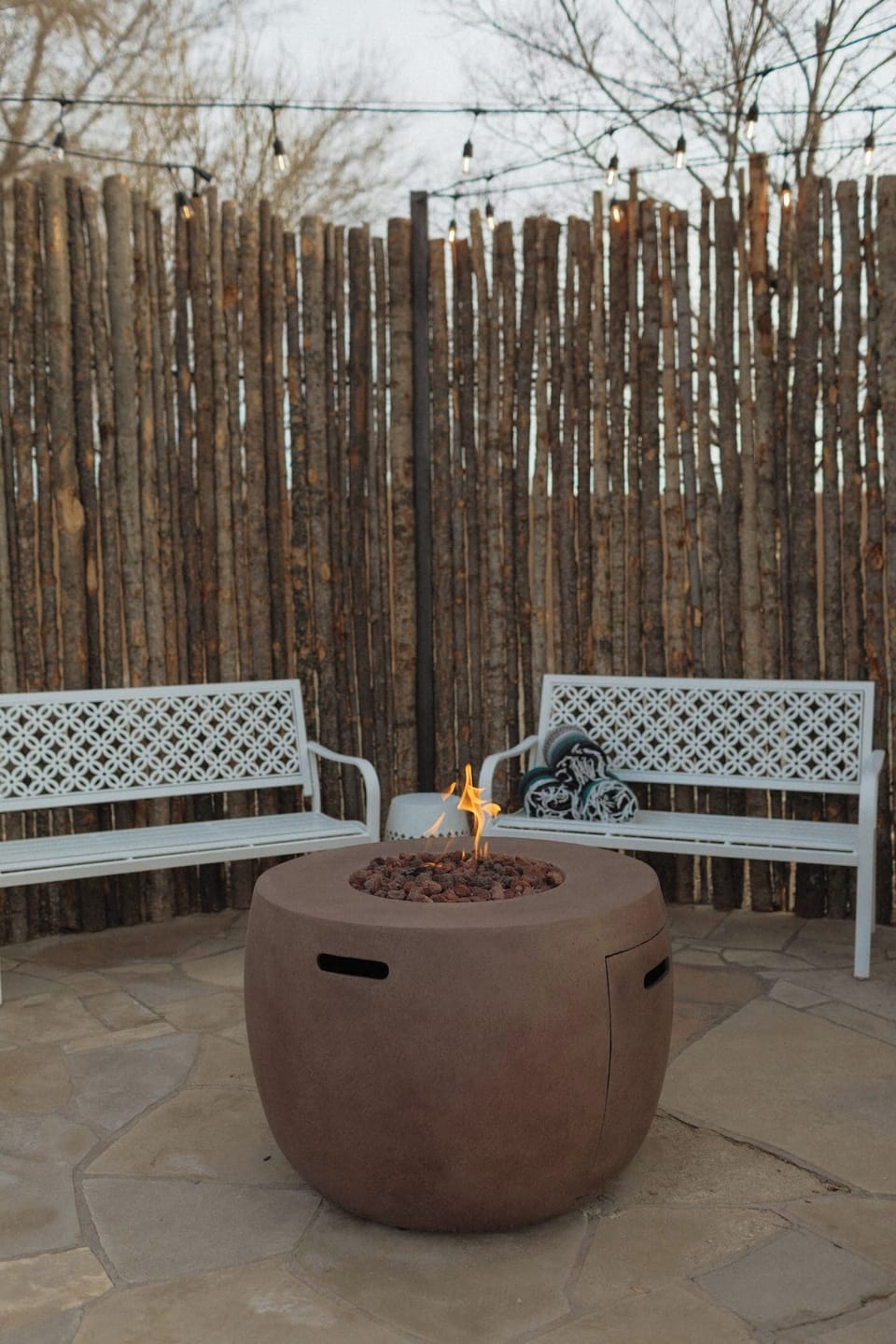 The gas fire pit is easy to light and smokeless. Lots of ambiance, no mess.