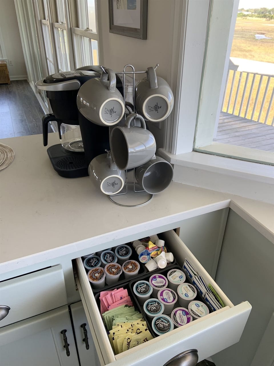 Coffee bar with creamers, sugars and teas.
