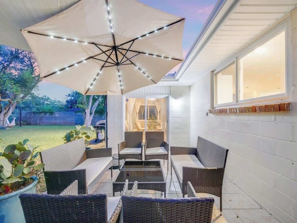 This umbrella lights up to provide ambient lighting. Bright enough to light up the space, but not too bright to cut out the stars