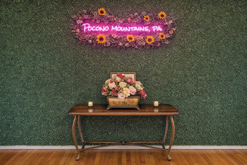 [Self Wall] Designed for you to take great photos in front of our Pocono Mountains Neon Sign
