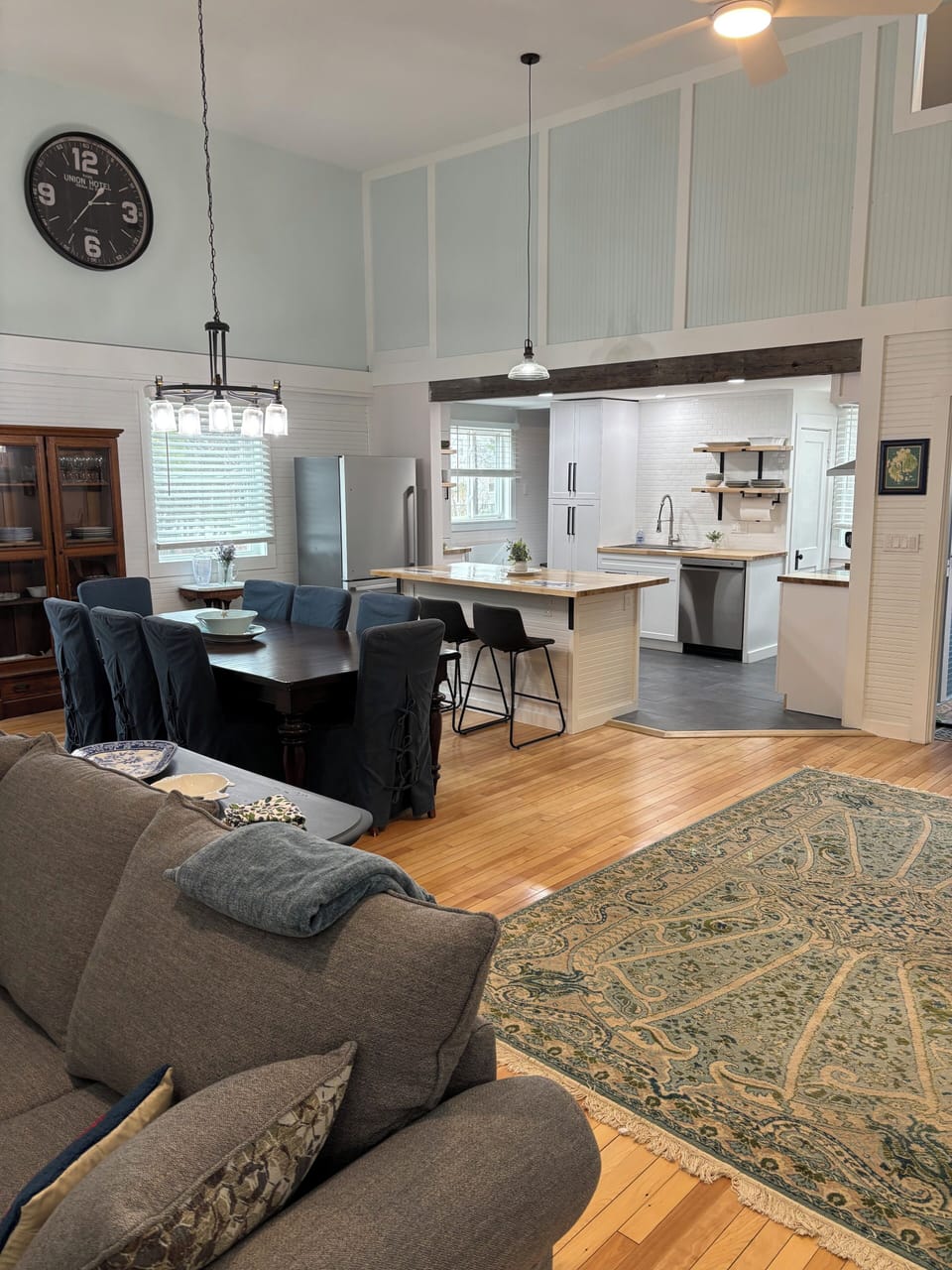Open living area, Dining Room and Kitchen with large island.