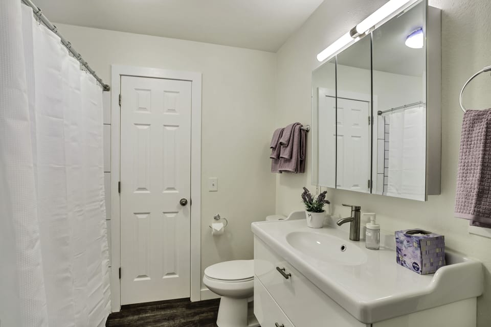 Upstairs bathroom with an entrance door from the hall & bedroom #1