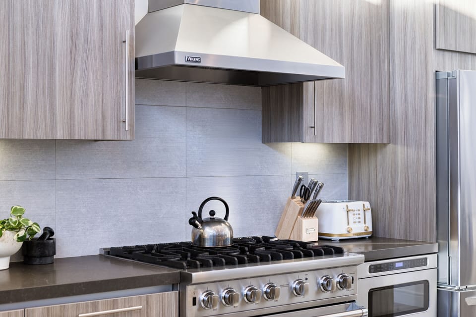 Close-up view of the kitchen's stove.