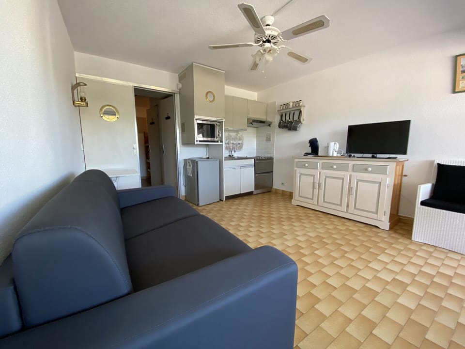 Spacious living room with a double sofa bed, tv and a fully equipped kitchen