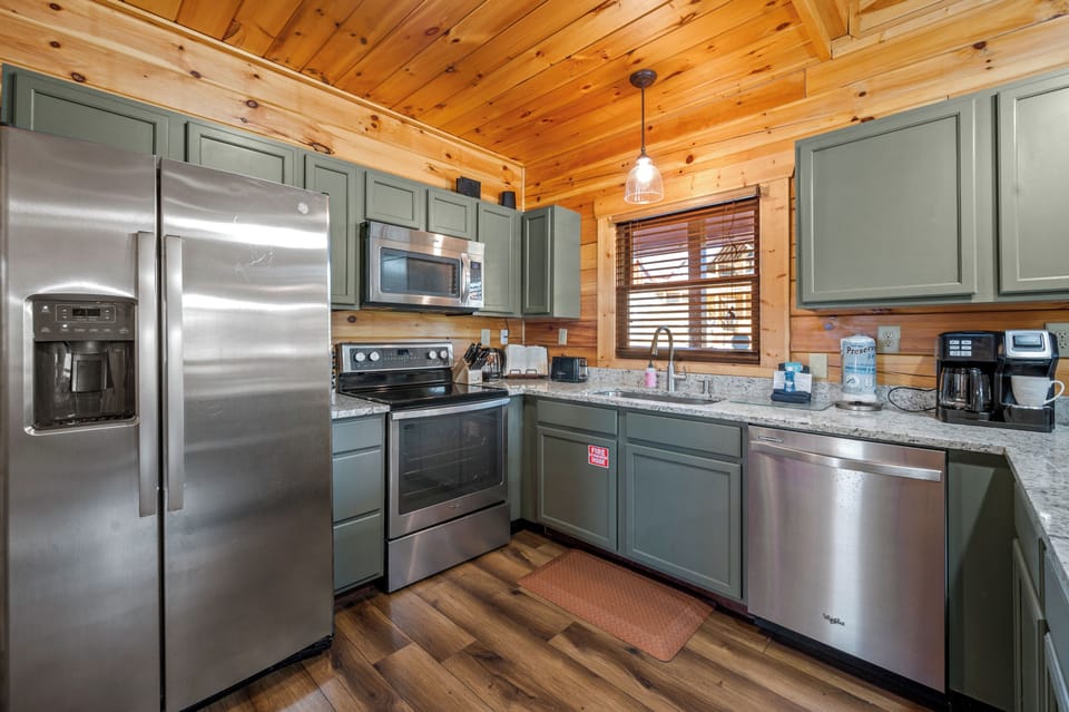 The fully stocked kitchen has everything you’ll need to enjoy staying in