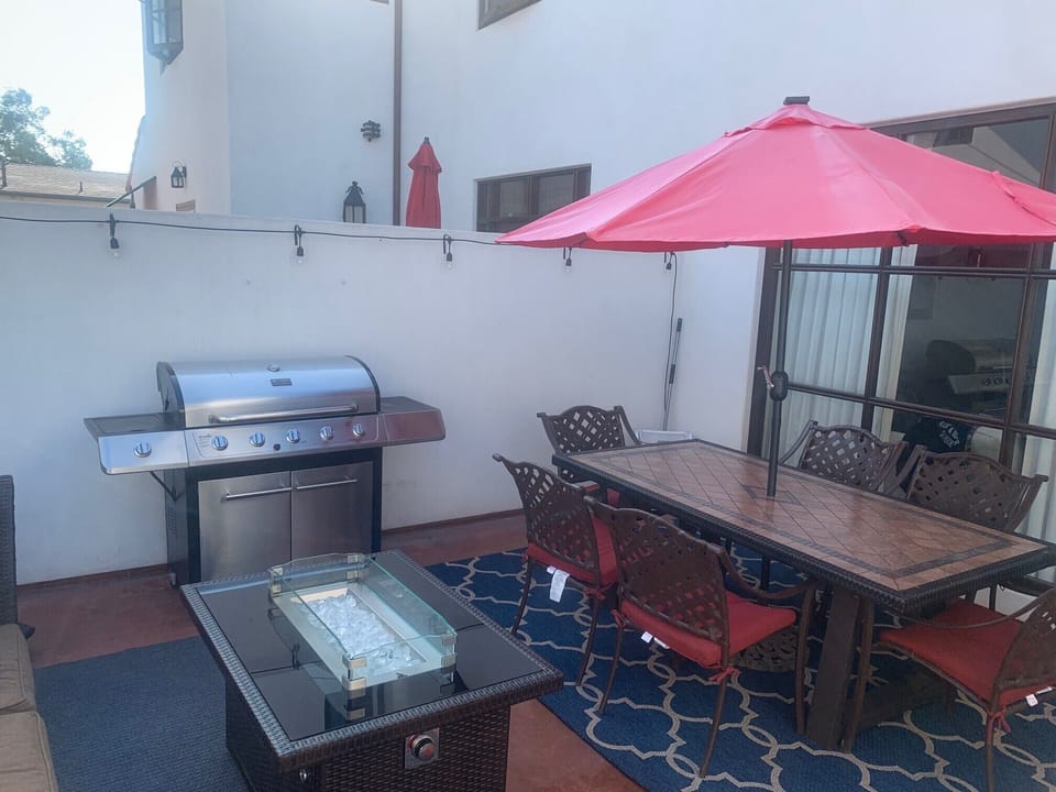Outdoor pation with seating, barbecue and fire pit