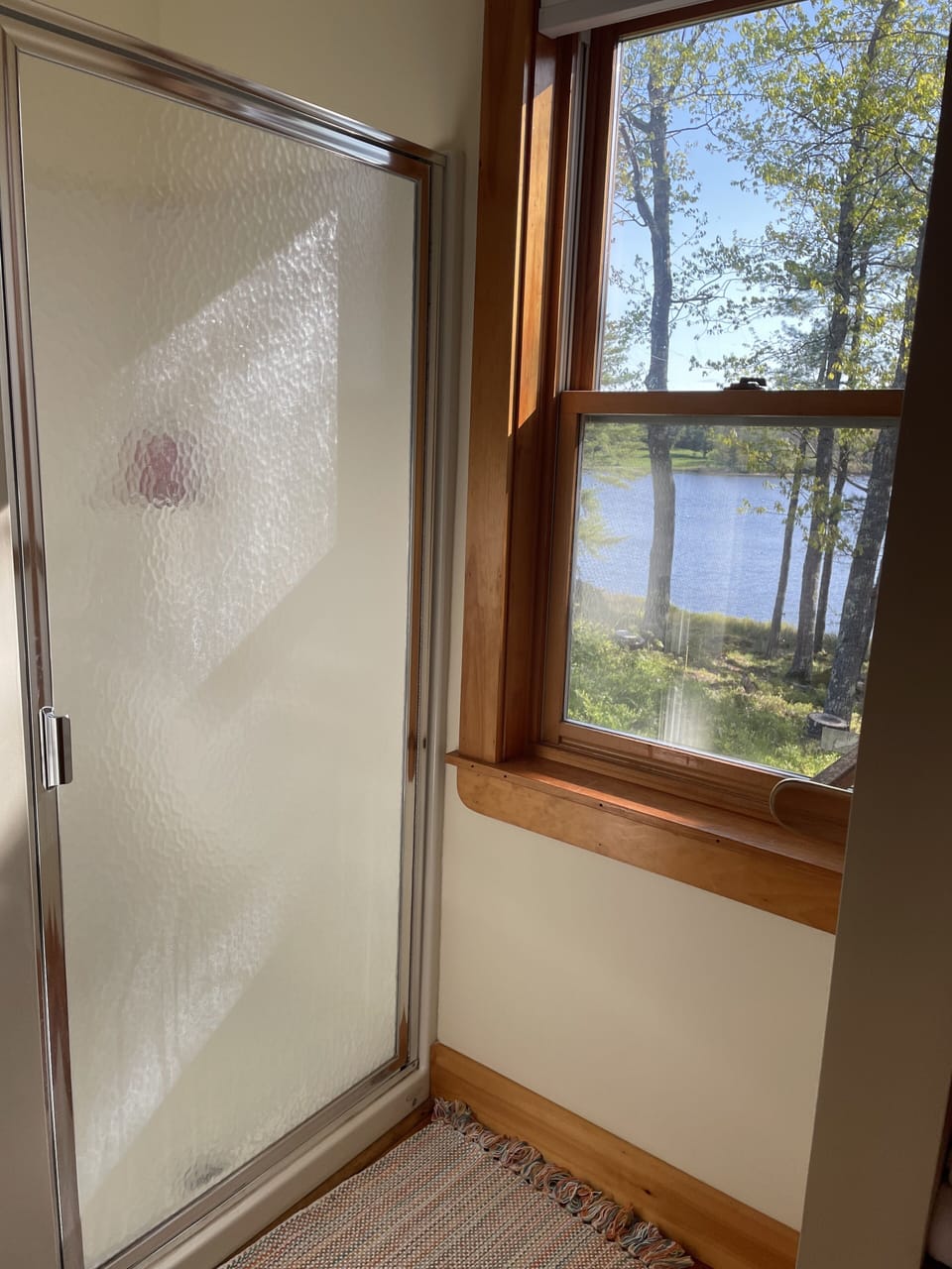 Downstairs stand up shower with water view at high tide