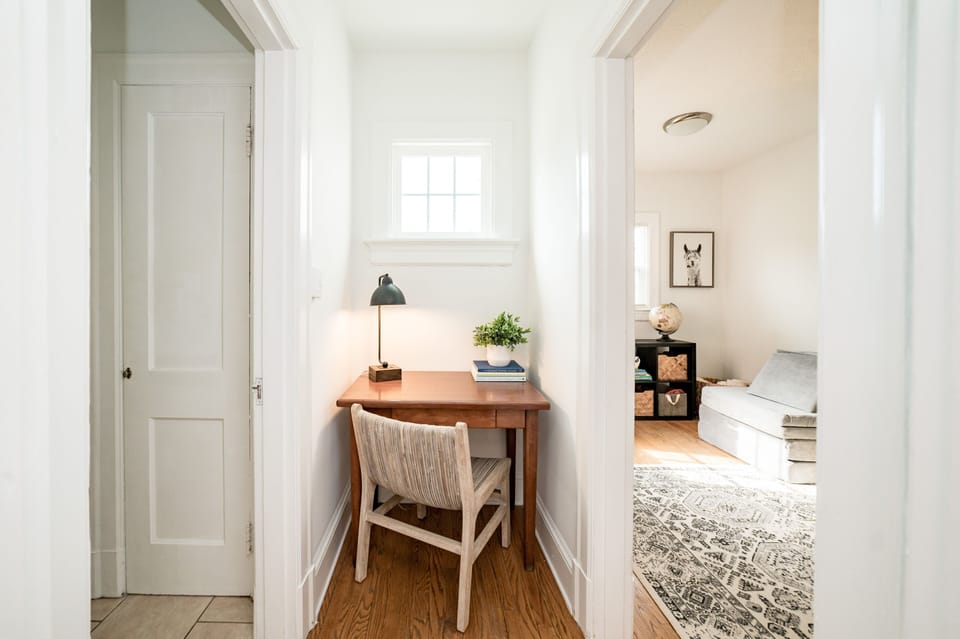 Alcove just outside the bathroom can be used as a vanity