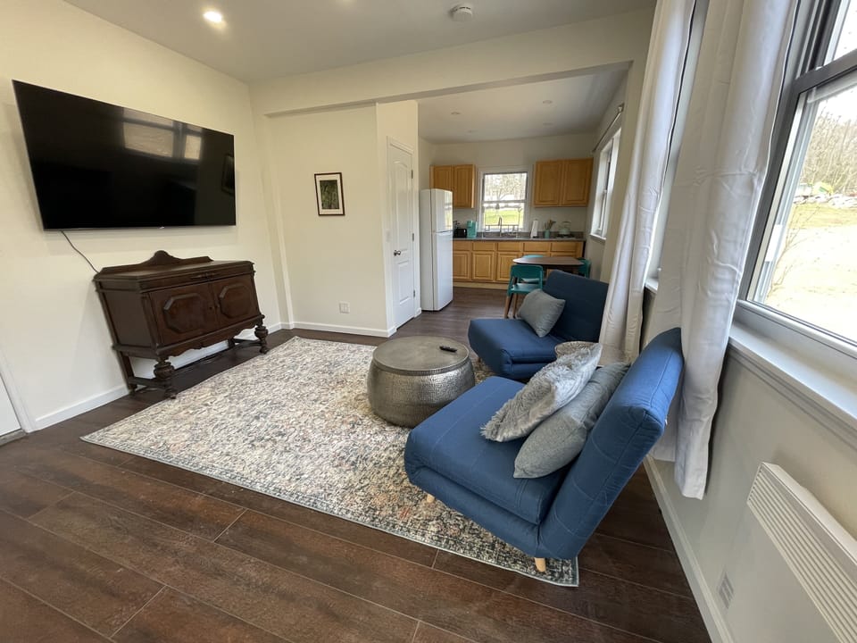 Unit two living room area with tv and sunny windows the length of the wall. 