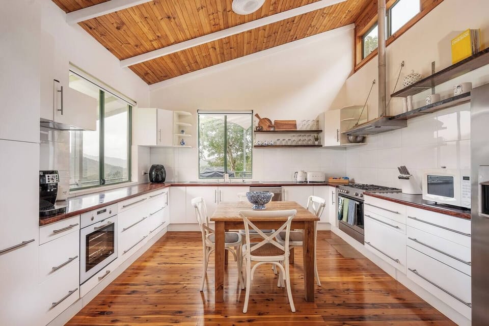 The kitchen comes fully equipped for meals at home with an oven, stove, microwave and dishwasher.
