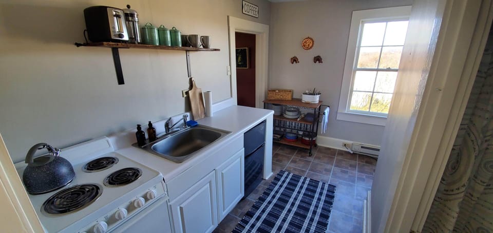 Kichen-mini fridge, stove, oven toaster, french press & kettle