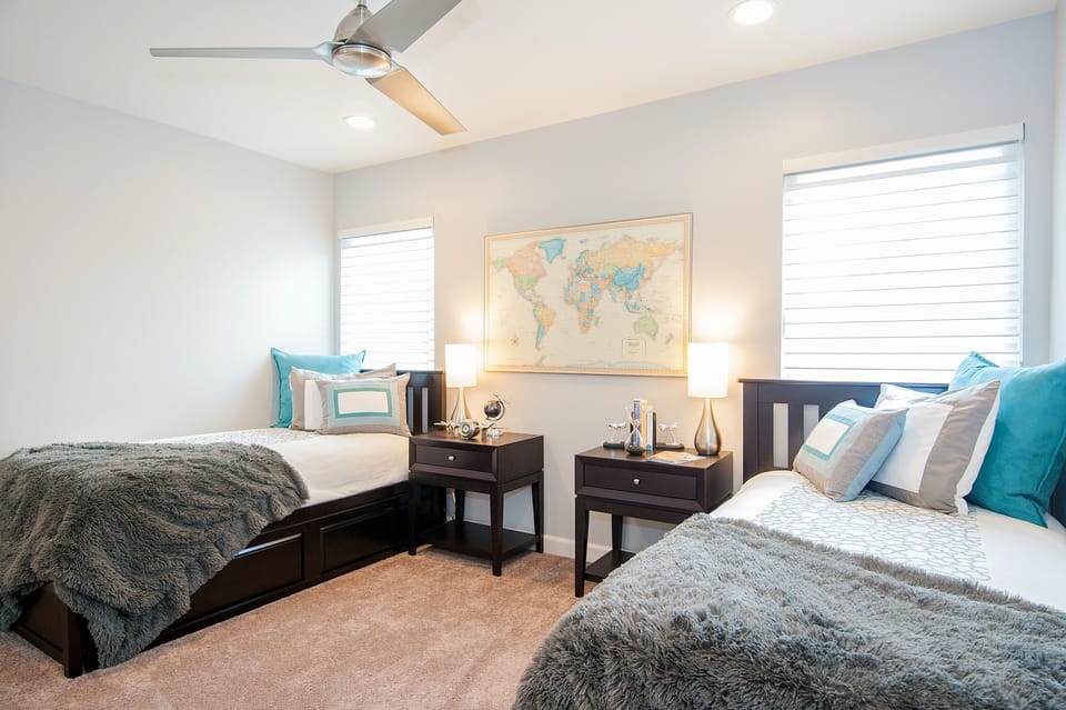 1 New Queen bed (Need new photos) Remote Control Ceiling Fan, Bed side tables.