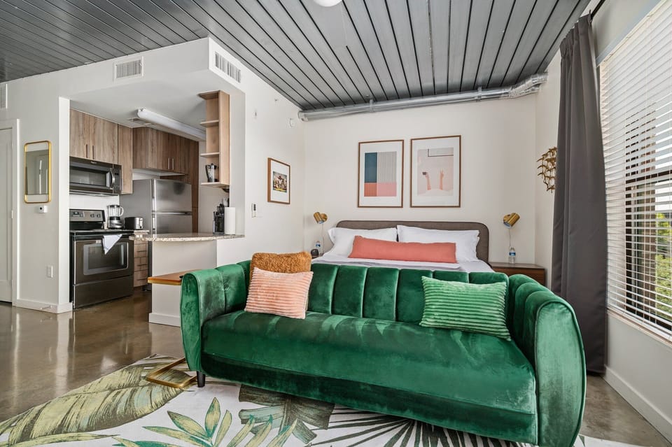Rest easy on a memory foam bed in this comfortable bedroom.