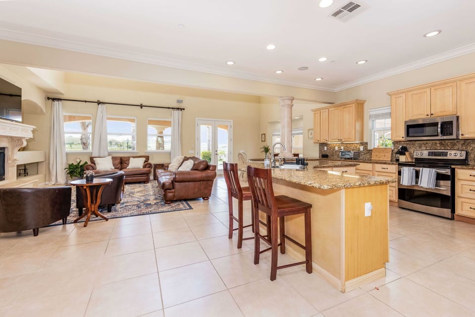 Kitchen and living room.