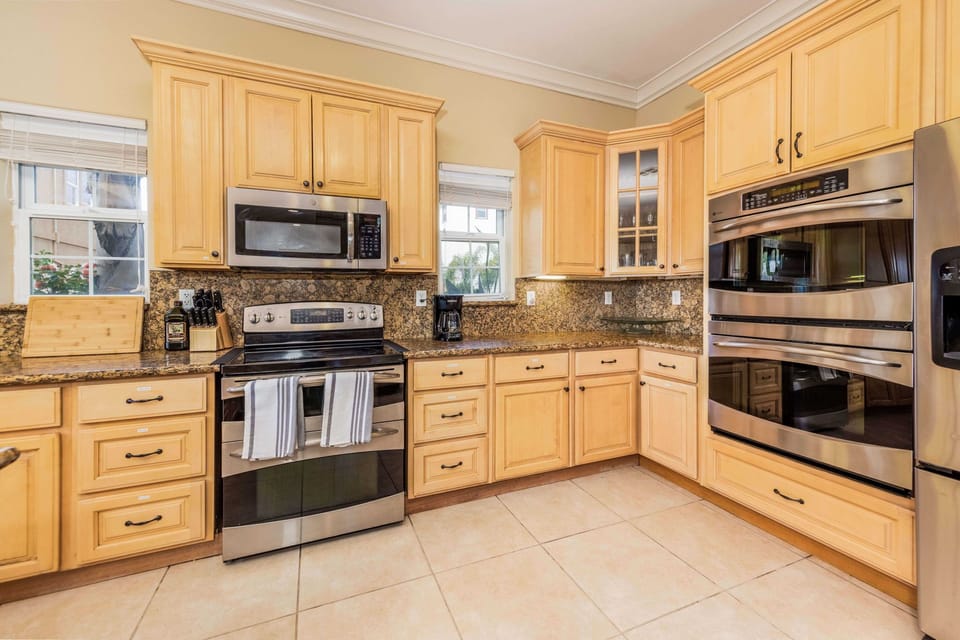 Fully stocked chef's kitchen.