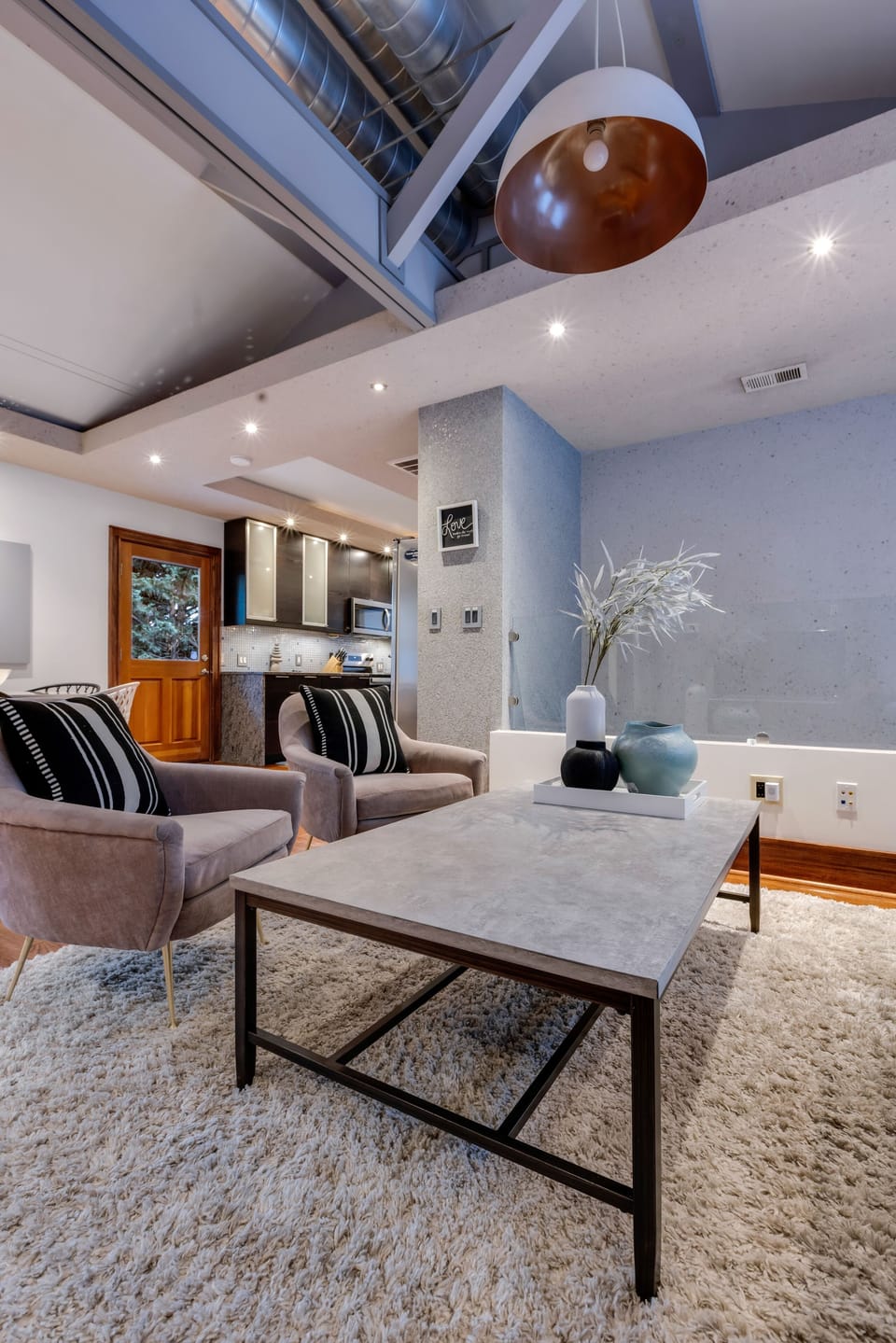 High vaulted ceilings, unique design features. 