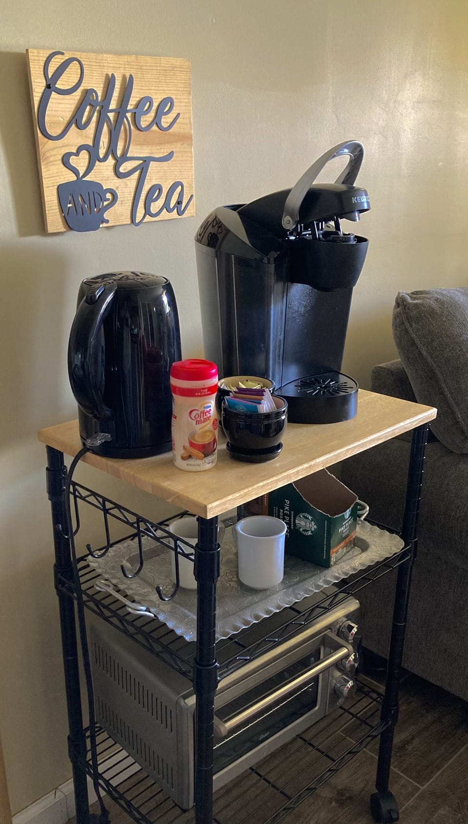 Coffee bar with electric kettle and coffee