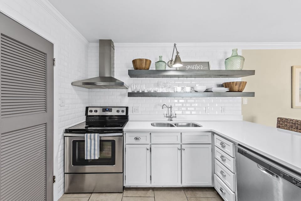 Nice, updated kitchen with open shelving.