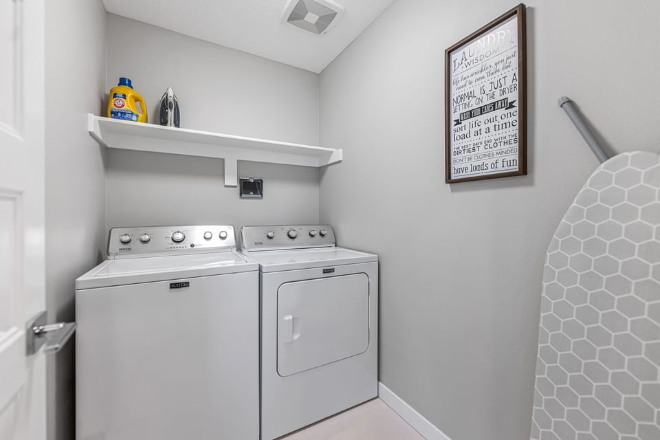 Brand new washer/dryer, iron, ironing board and complimentary laundry detergent.
