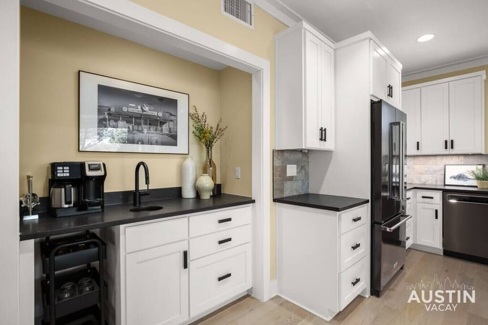 Drinks and coffee station plus a drawer full of fun family games