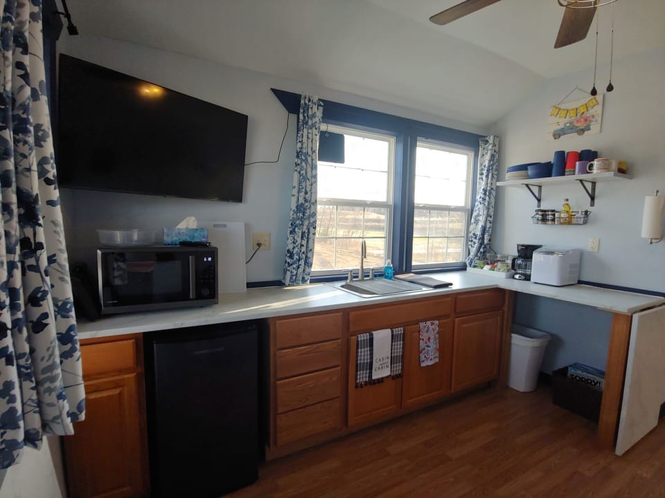 TV, mini-fridge, microwave/air fryer/convection oven. Coffee bar and ice maker.