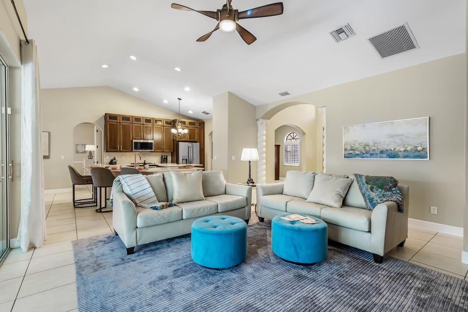 The kitchen is located right off the living area