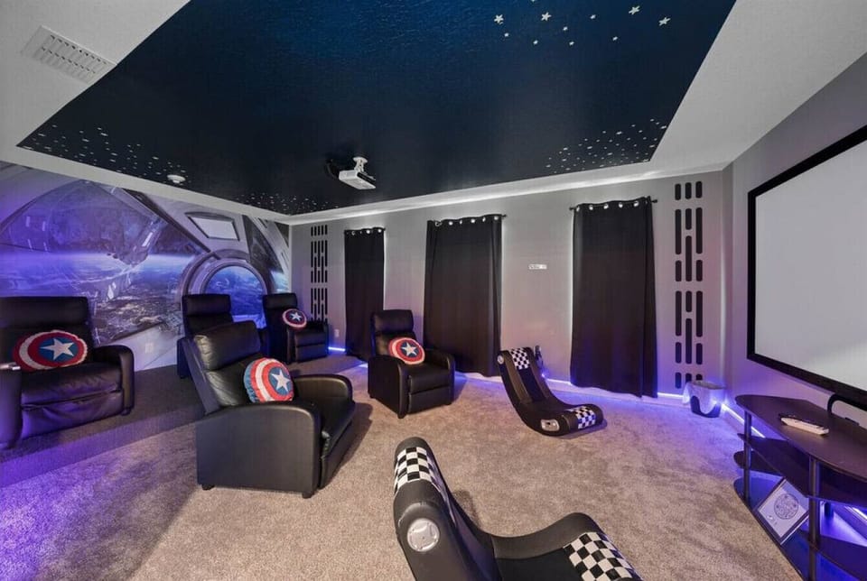The Star Wars/Marvel Themed Theater Room is on the second floor. The projector is easy to use and is set on Roku "Guest Mode" so that you can enjoy your preferred streaming platforms! Every night can be movie night!