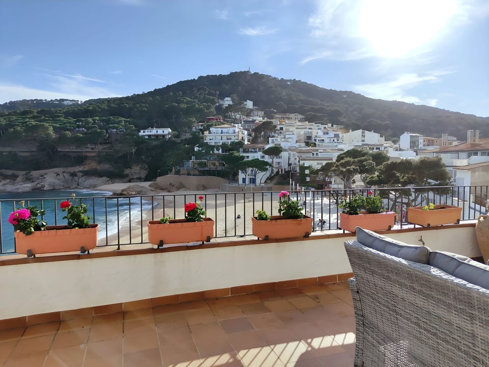 Enjoy breathtaking views of the Mediterranean Sea and the picturesque town of Tamariu from the spacious terrace of this penthouse apartment.  The terrace is furnished with comfortable seating and features several potted plants, creating a welcoming and re