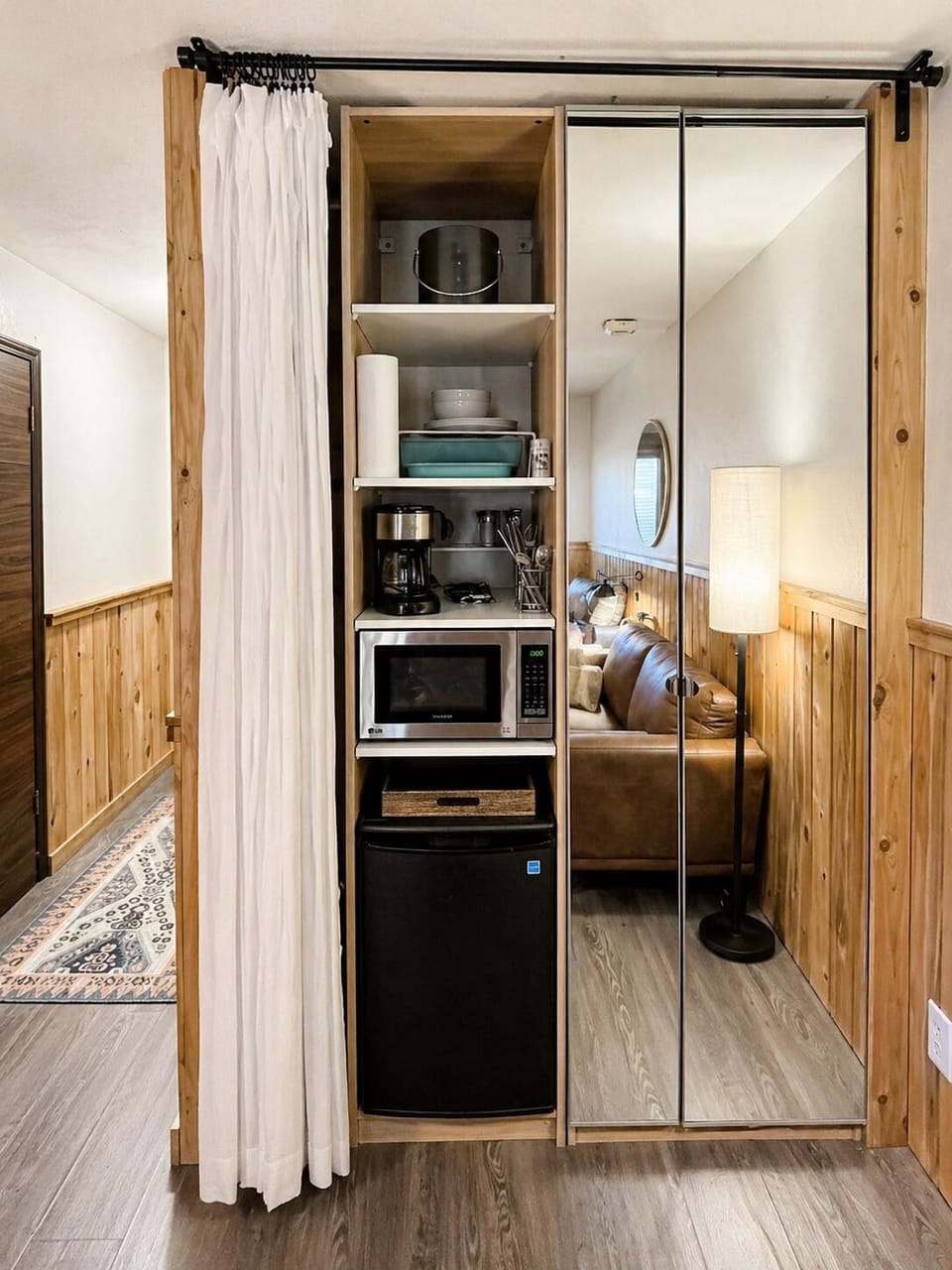 Mini fridge (no freezer), microwave, dishes, utensils