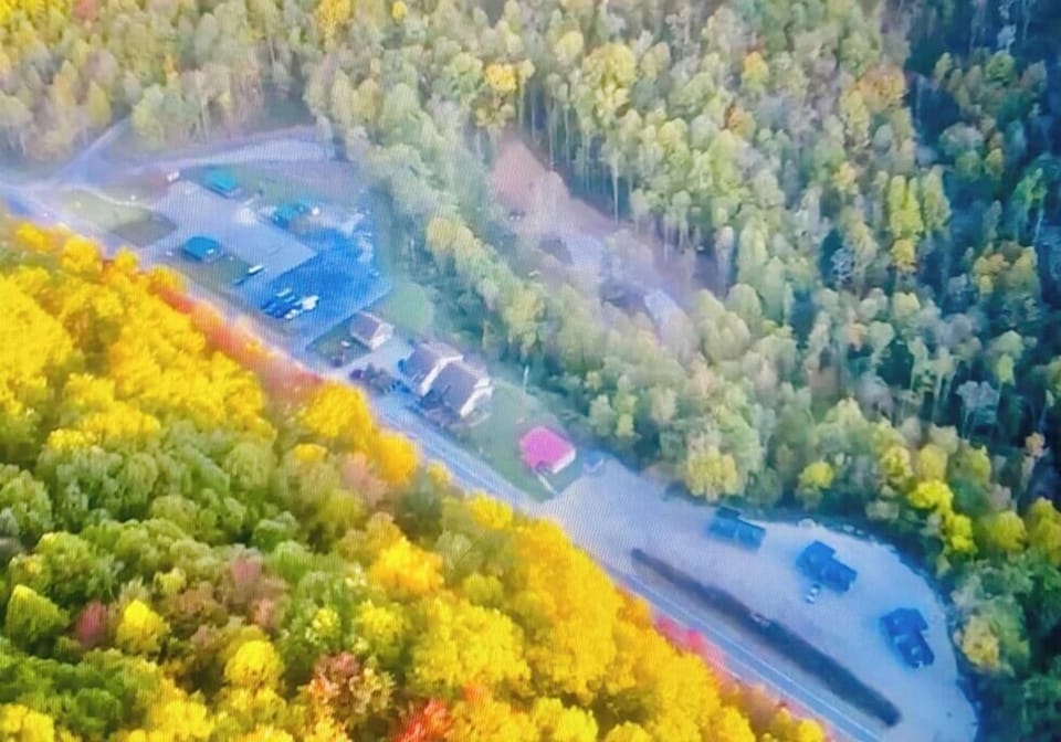 Aerial view of the Buffalo Mountain Trail head on left and our cabins on the right. 