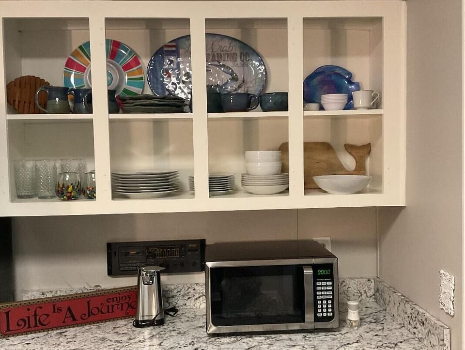 microwave and dishes